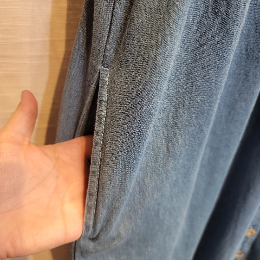 Blair Size Large Button Down Pockets Denim Shift Midi Blue Sundress Cottagecore - Picture 8 of 10